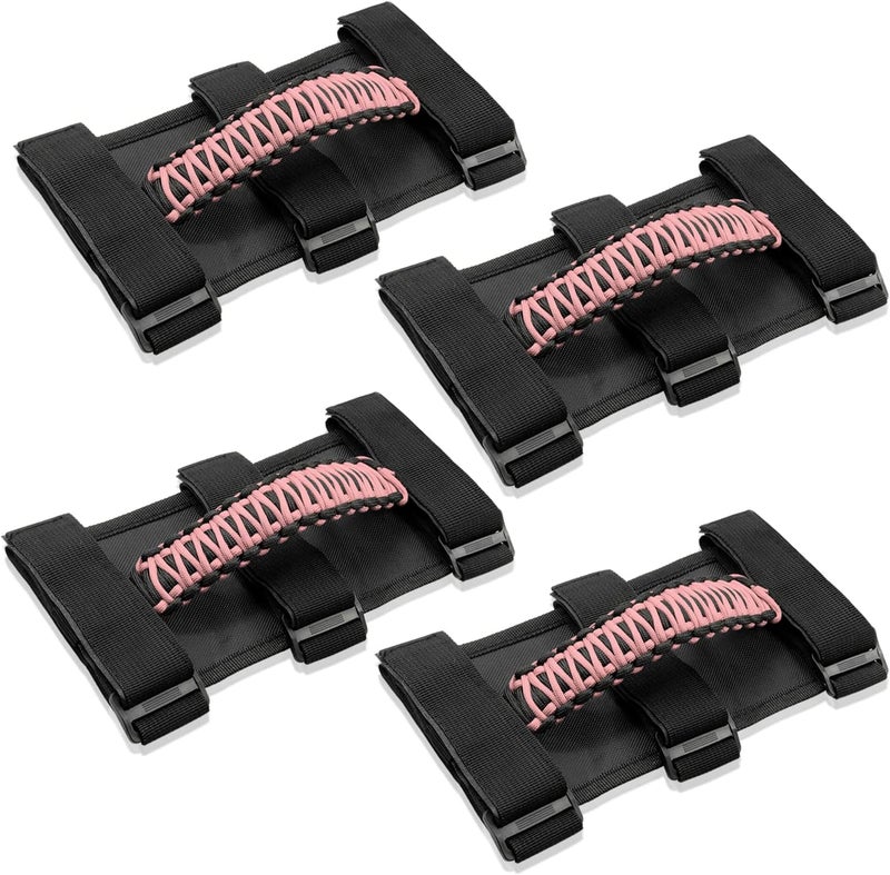 Kujunpao 4 X Roll Bar Grab Handles Grip Handle Compatible with Jeep Wrangler JLU JK JKU TJ YJ LJ JT JL & Gladiator JT 1987-2021 UTV & ATV, Fits 1.5 to 3 Inch Bars 3 Straps Woven Holder(Pink) - Image 1
